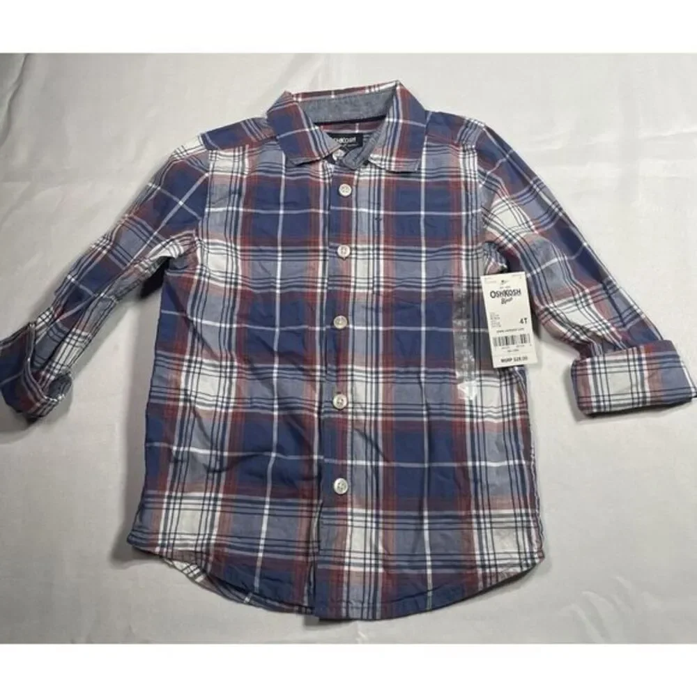 OshKosh B'Gosh Boys Button-Up Shirt Long Sleeve Red/Grey‎ Plaid Size 4T NWT